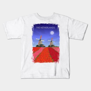 The Netherlands Vintage Minimal Retro Windmills Tulips Travel Poster Kids T-Shirt